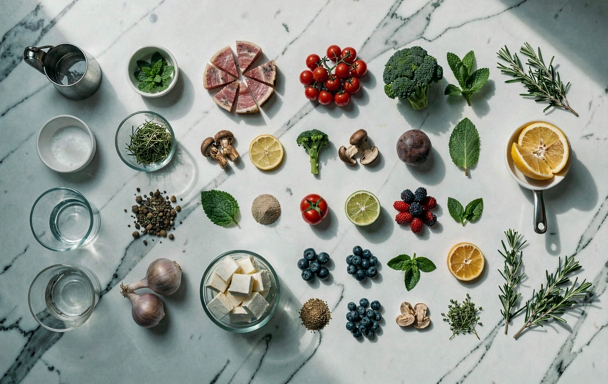 Ingredientes organizados com precisão nutricional